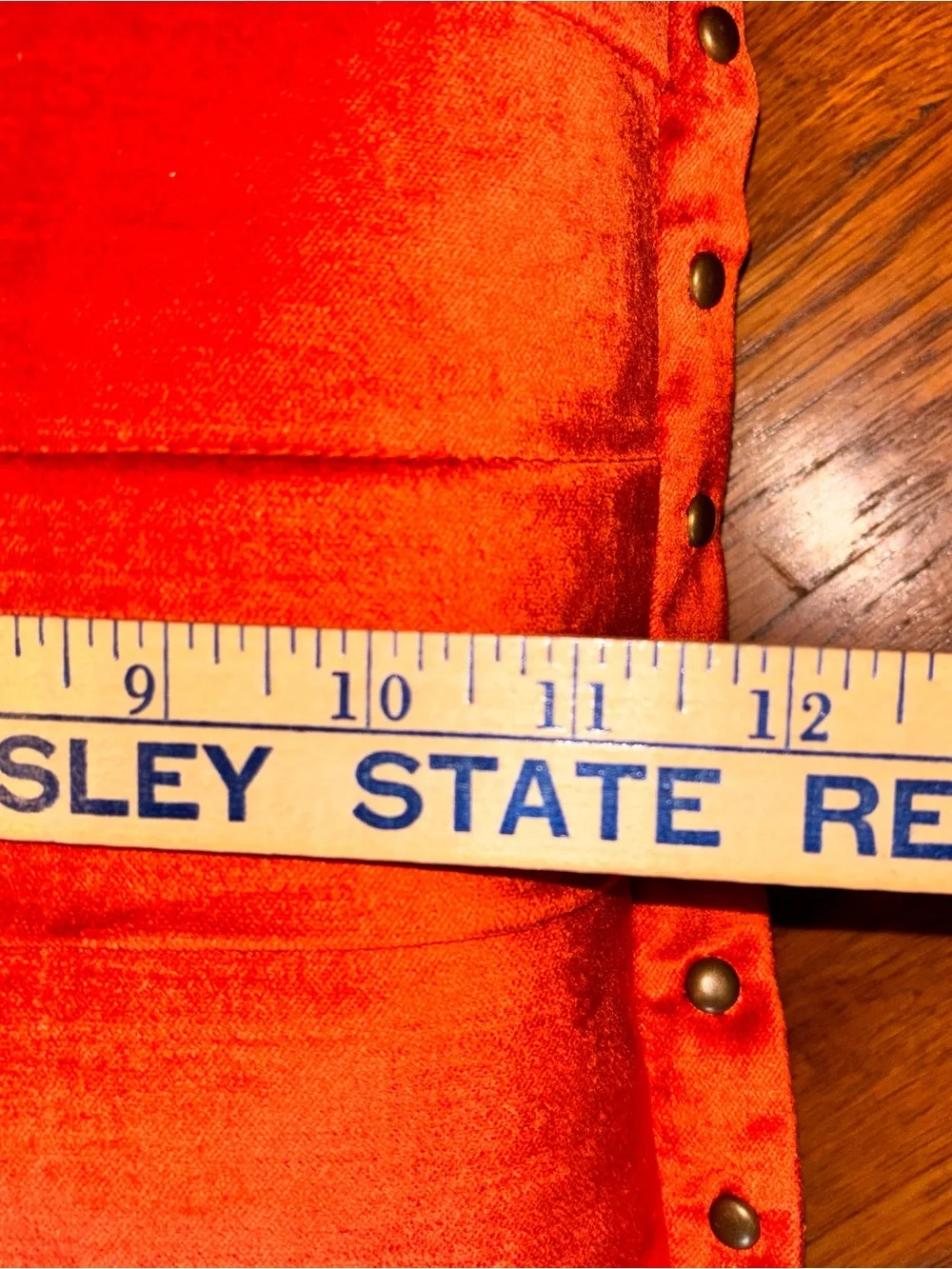 Vintage Pier 1 Orange Velveteen Pleated accent Pillow Brass Studs Duck down fill